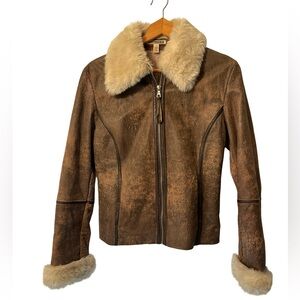 Vintage Express Distressed Leather Faux Fur Trim Jacket Women’s 12 Y2K